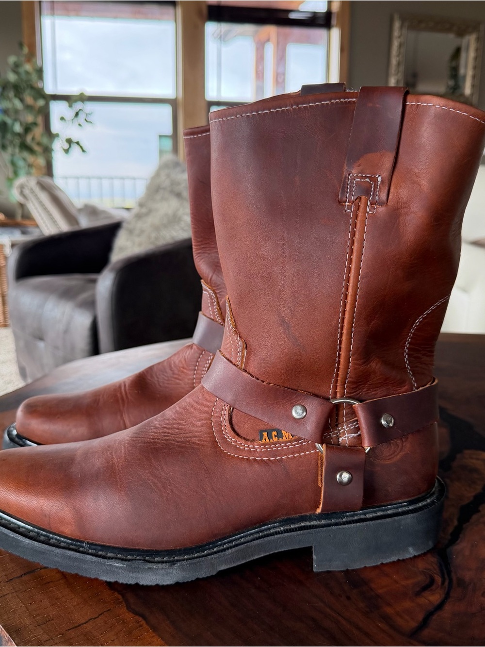 A.C.M. Men's Work Boots Sz 29 (US 11) Pull On Biker Style Genuine Leather Brown